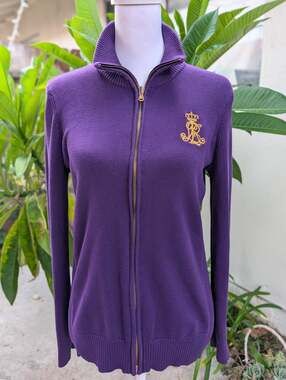 Ralph Lauren purple knitted zip up sweater gold embroidery Large VGUC